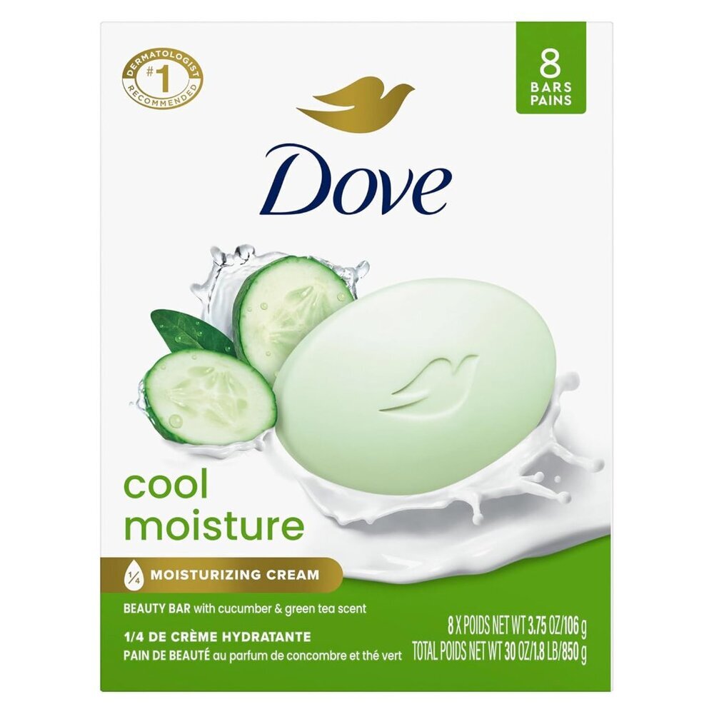 Beauty Bar Soap Cool Moisture Cucumber & Green Tea Scent, 8 Bars for Refreshed S